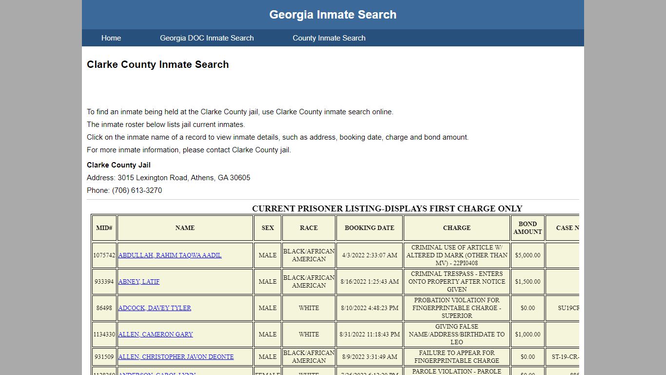 Clarke County Inmate Search